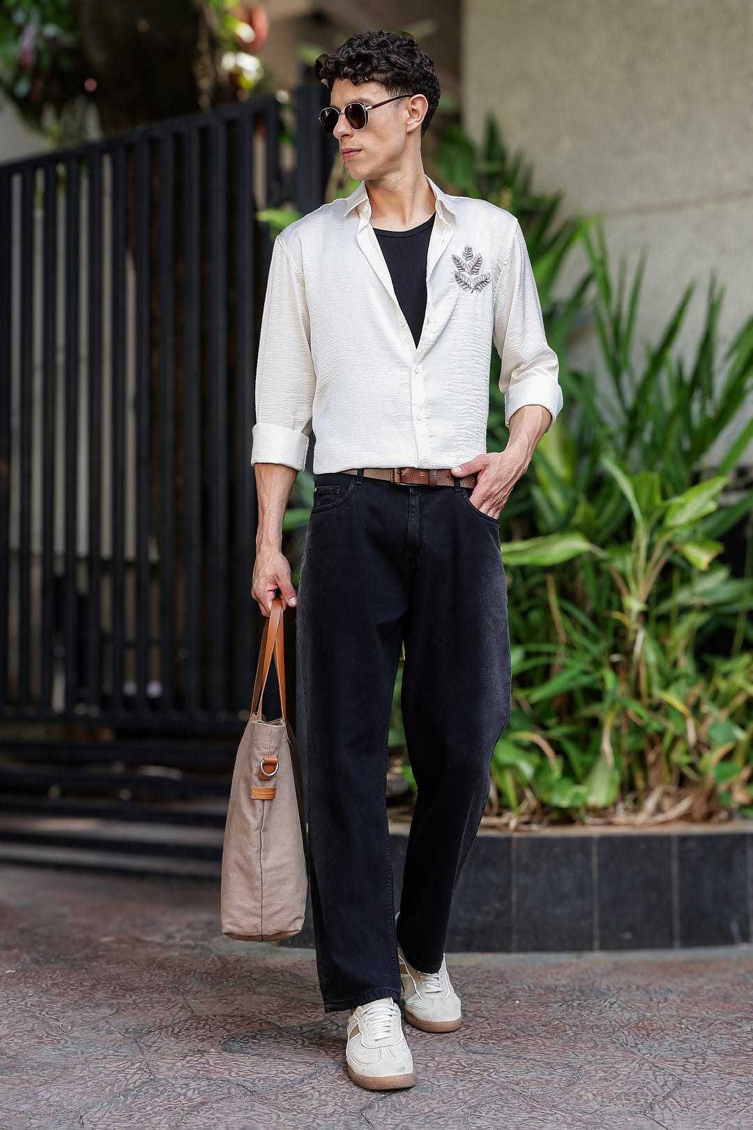 Nature Embroidery Textured Fabric Shirt