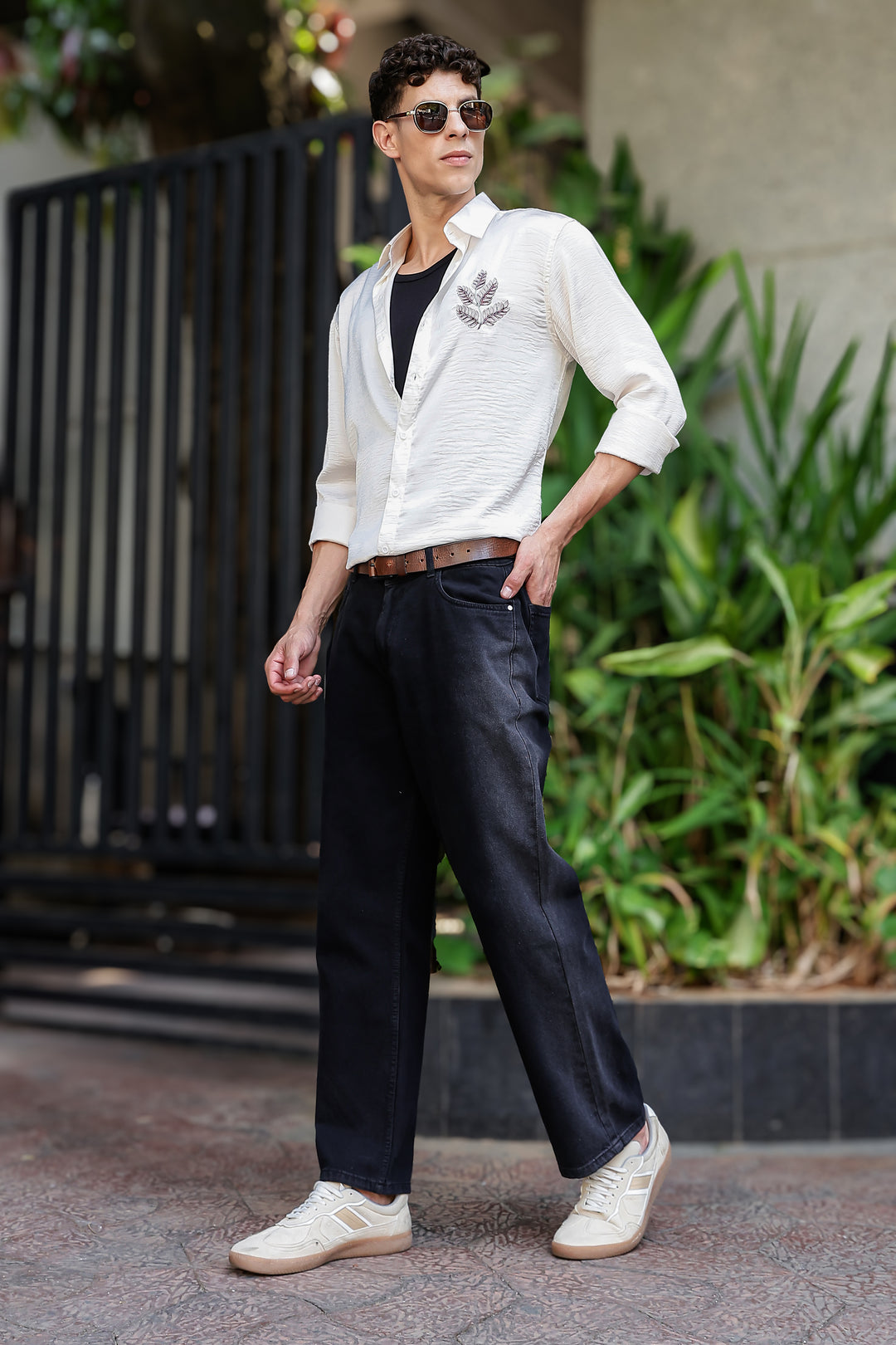 Nature Embroidery Textured Fabric Shirt