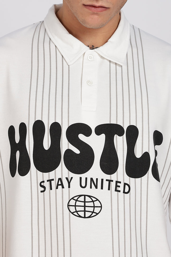 Hustle: White Oversized Polo T-shirt