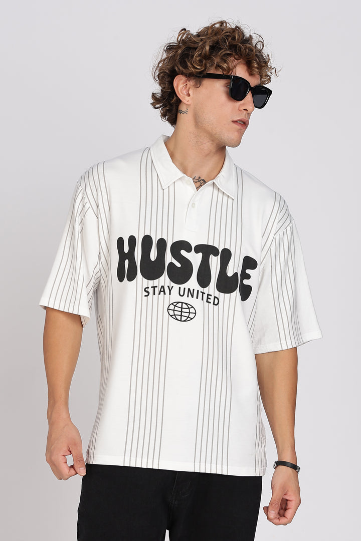 Hustle: White Oversized Polo T-shirt