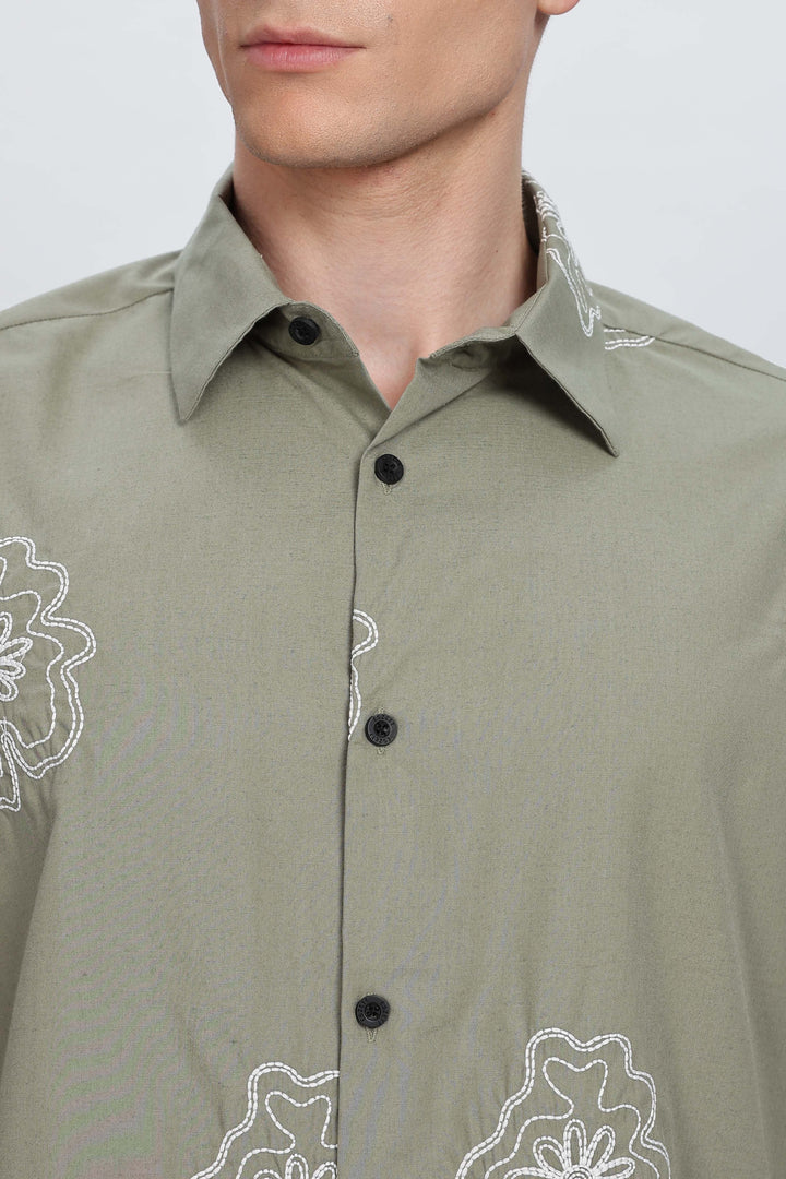 Green flower Embroidery Shirt