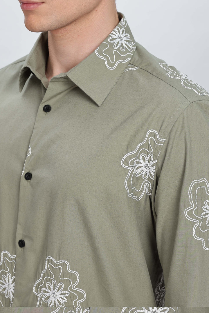 Green flower Embroidery Shirt