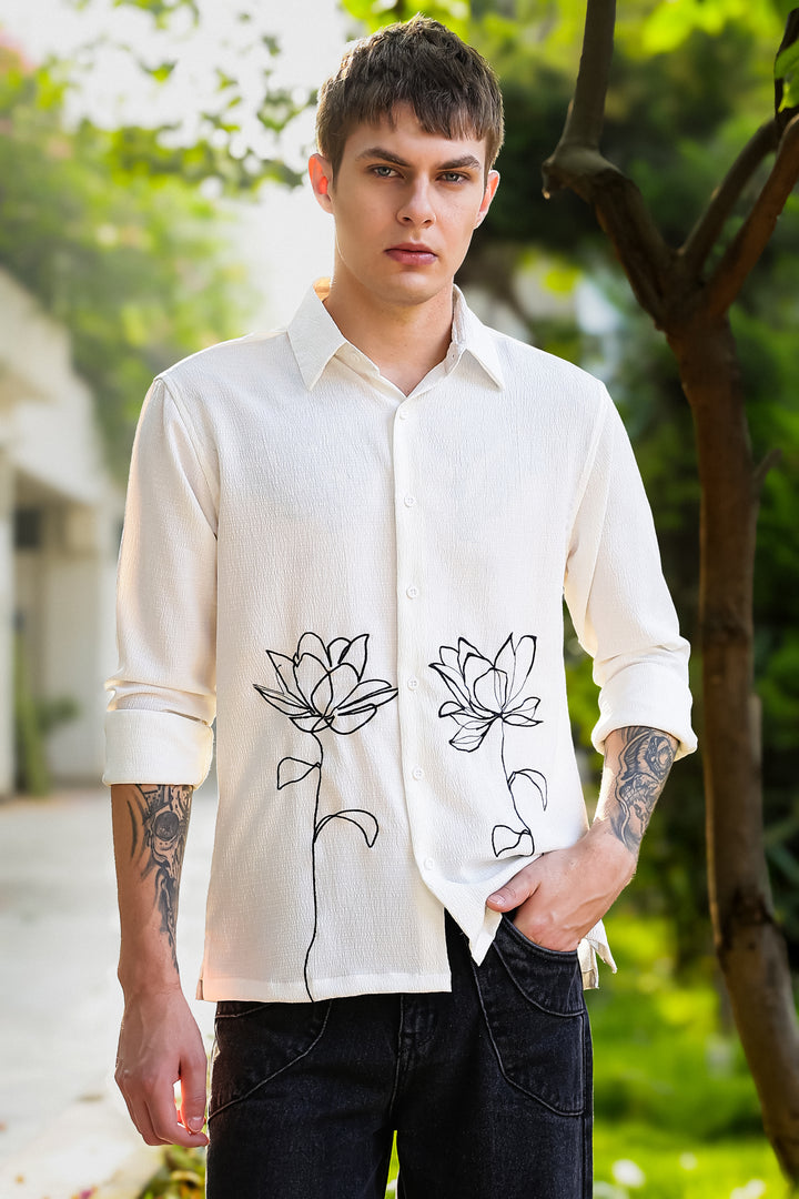 Egyptian water lily Embroidery Textured Fabric Shirt