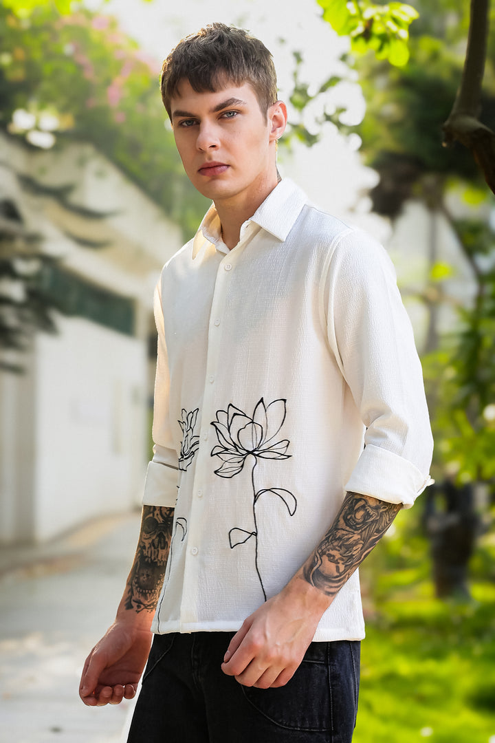 Egyptian water lily Embroidery Textured Fabric Shirt