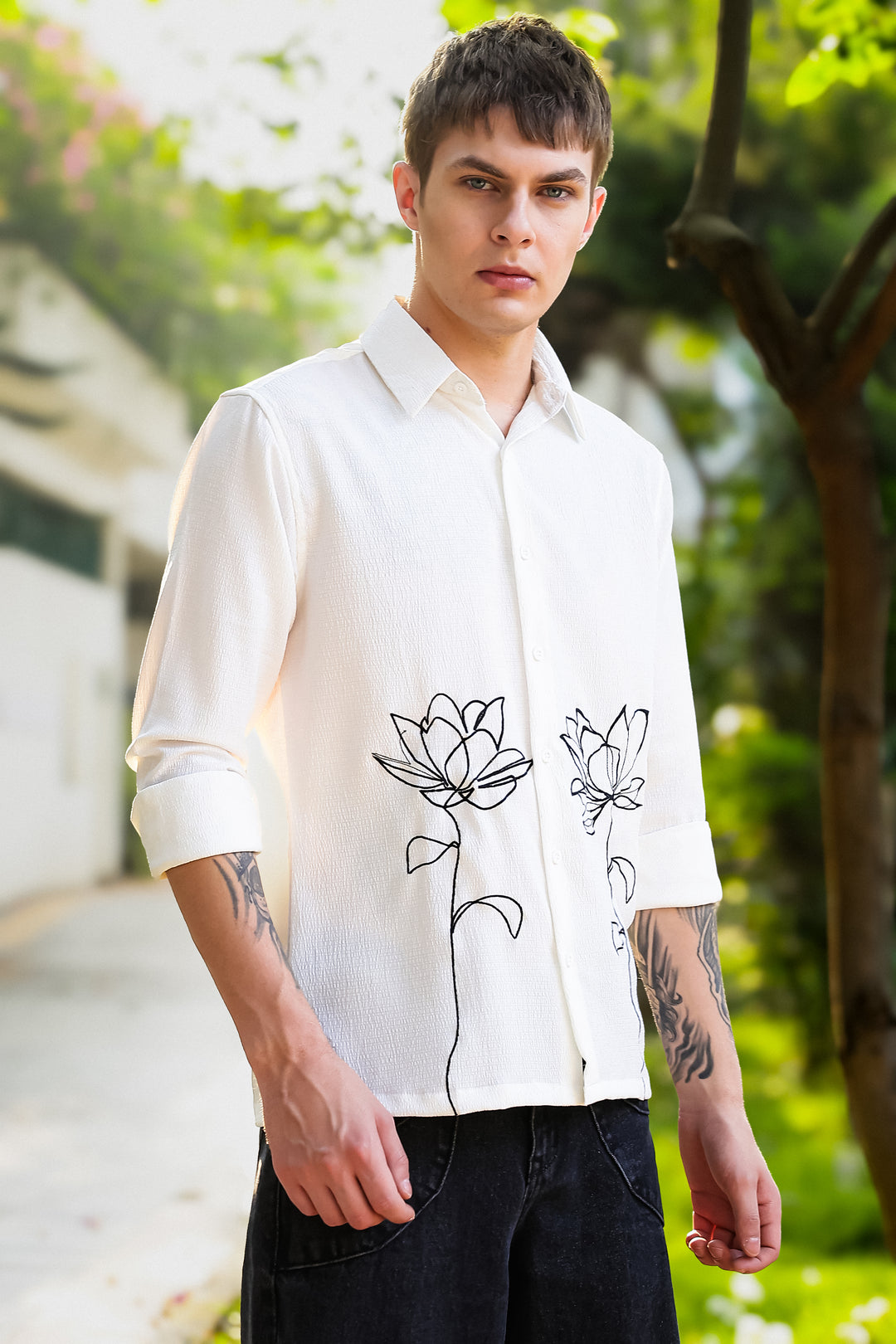 Egyptian water lily Embroidery Textured Fabric Shirt