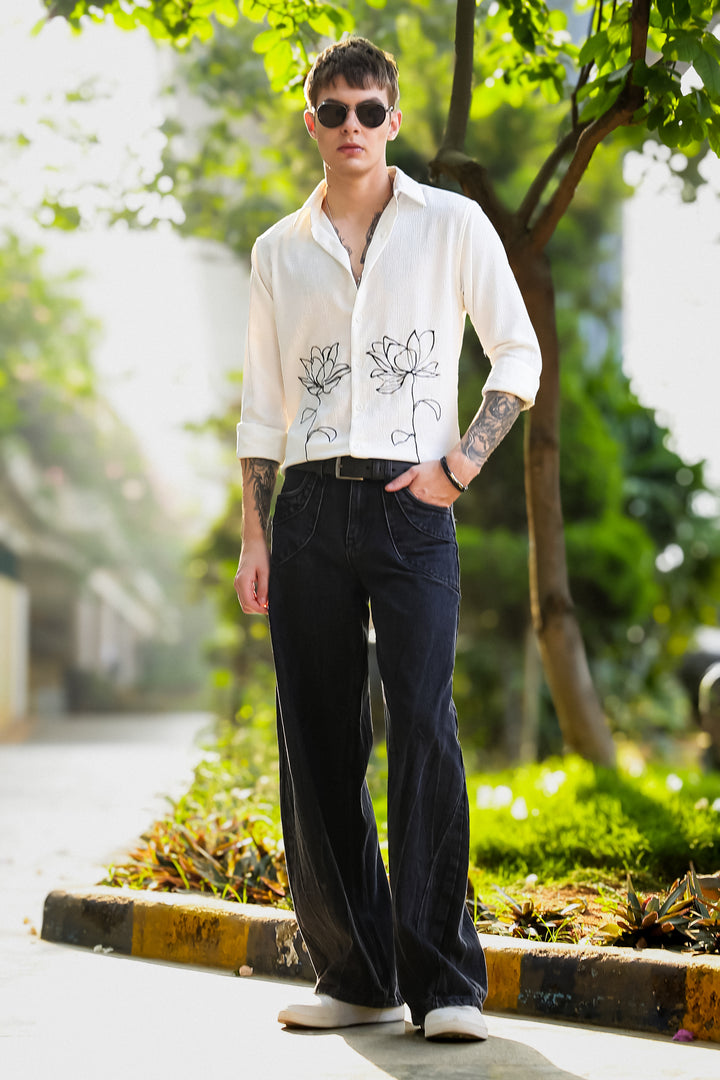 Egyptian water lily Embroidery Textured Fabric Shirt