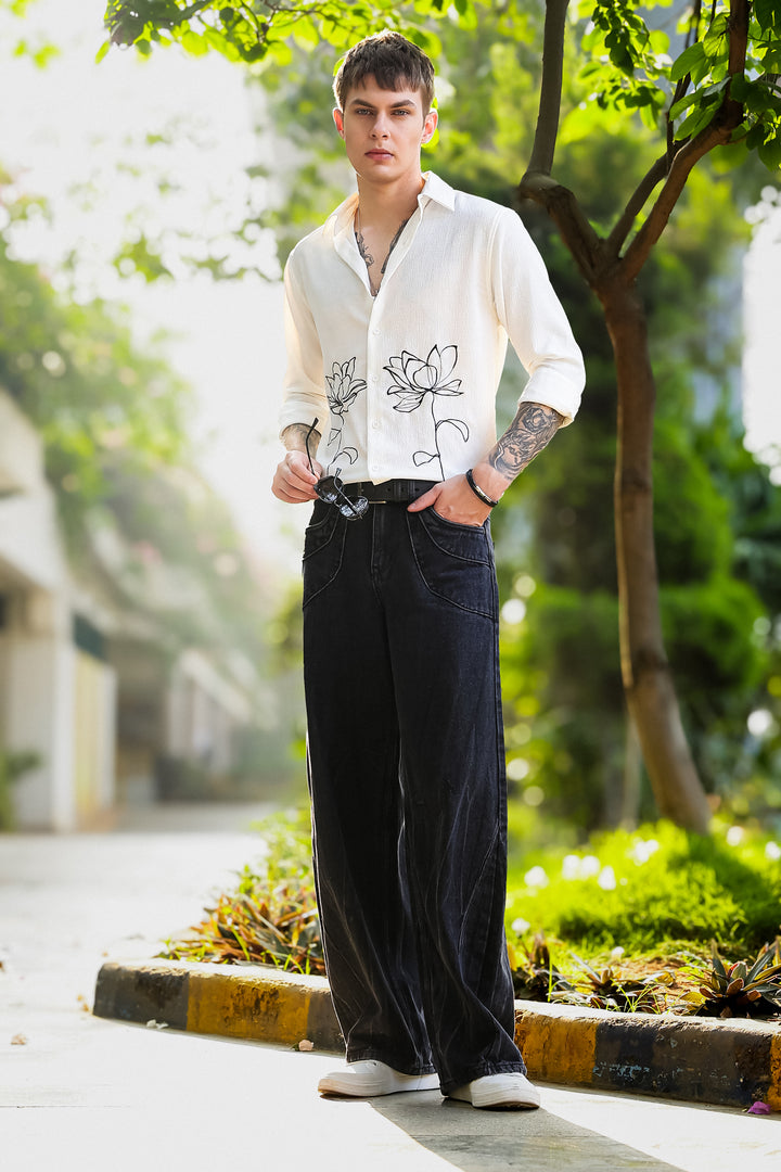 Egyptian water lily Embroidery Textured Fabric Shirt