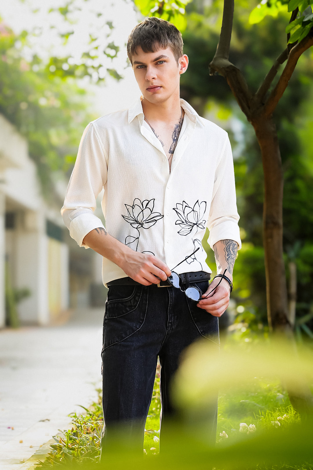 Egyptian water lily Embroidery Textured Fabric Shirt