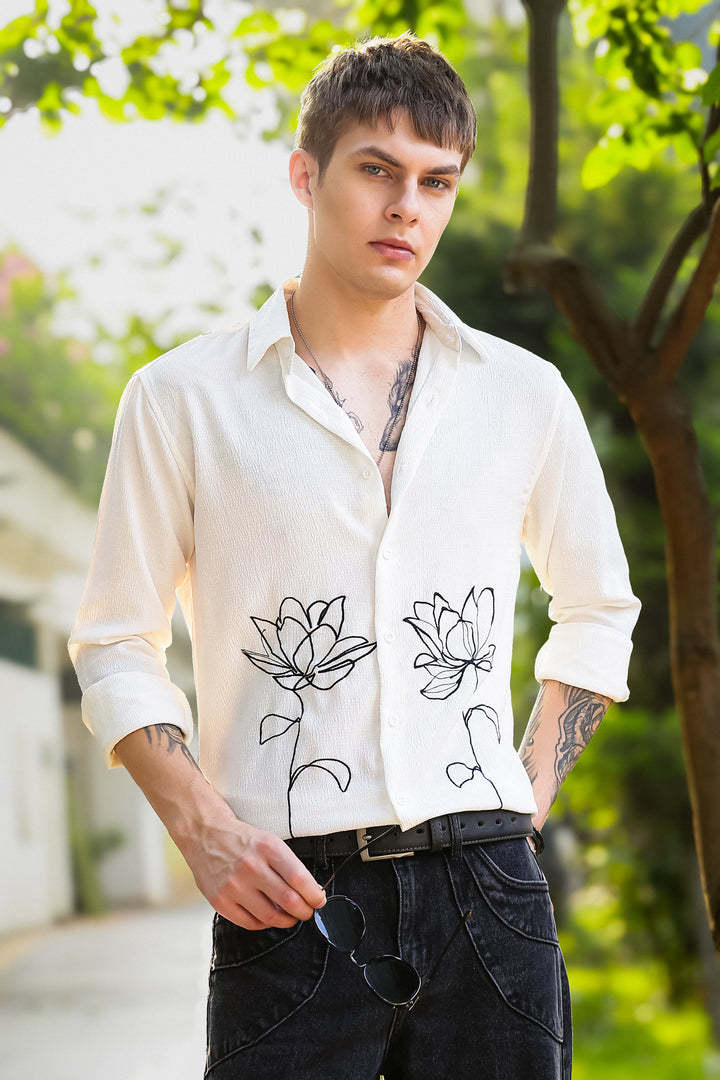 Egyptian water lily Embroidery Textured Fabric Shirt