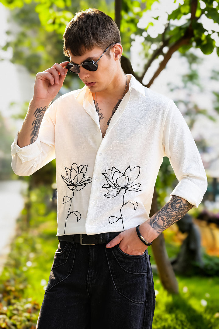 Egyptian water lily Embroidery Textured Fabric Shirt