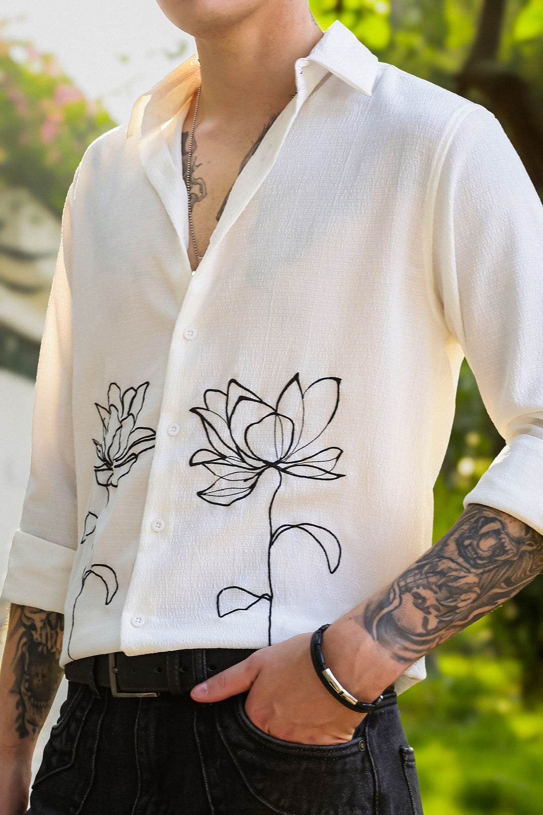 Egyptian water lily Embroidery Textured Fabric Shirt