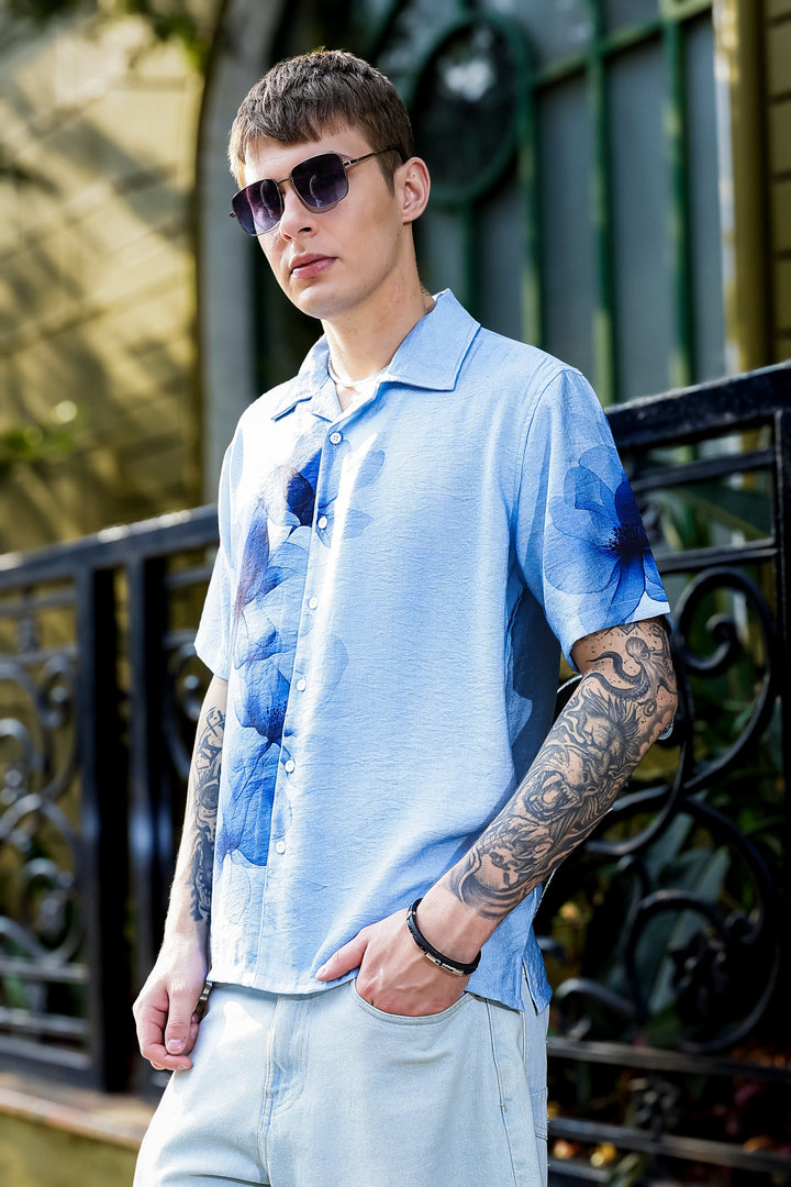 Indigo Petals: Textured Fabric Shirt
