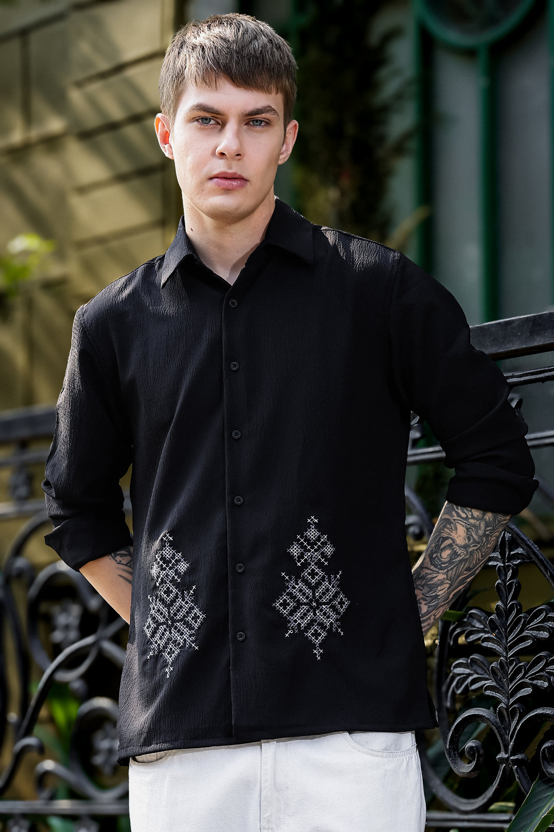 Handicraft Embroidery Black Textured Fabric Shirt