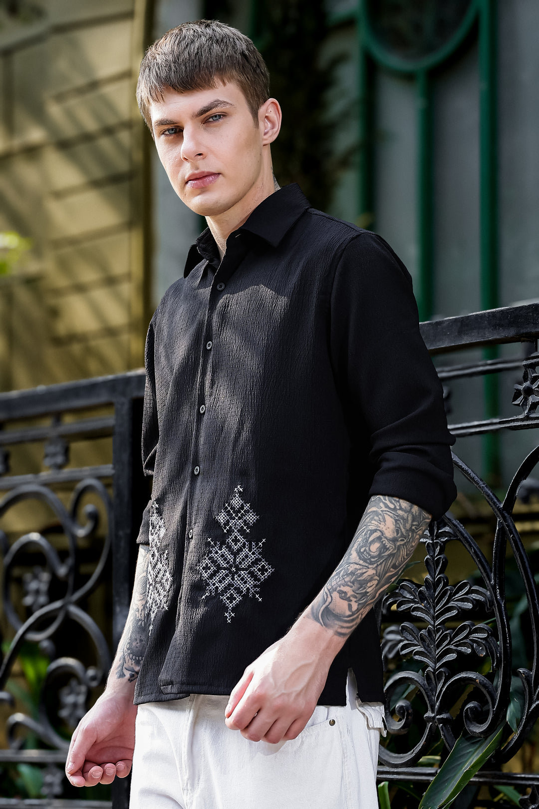 Handicraft Embroidery Black Textured Fabric Shirt