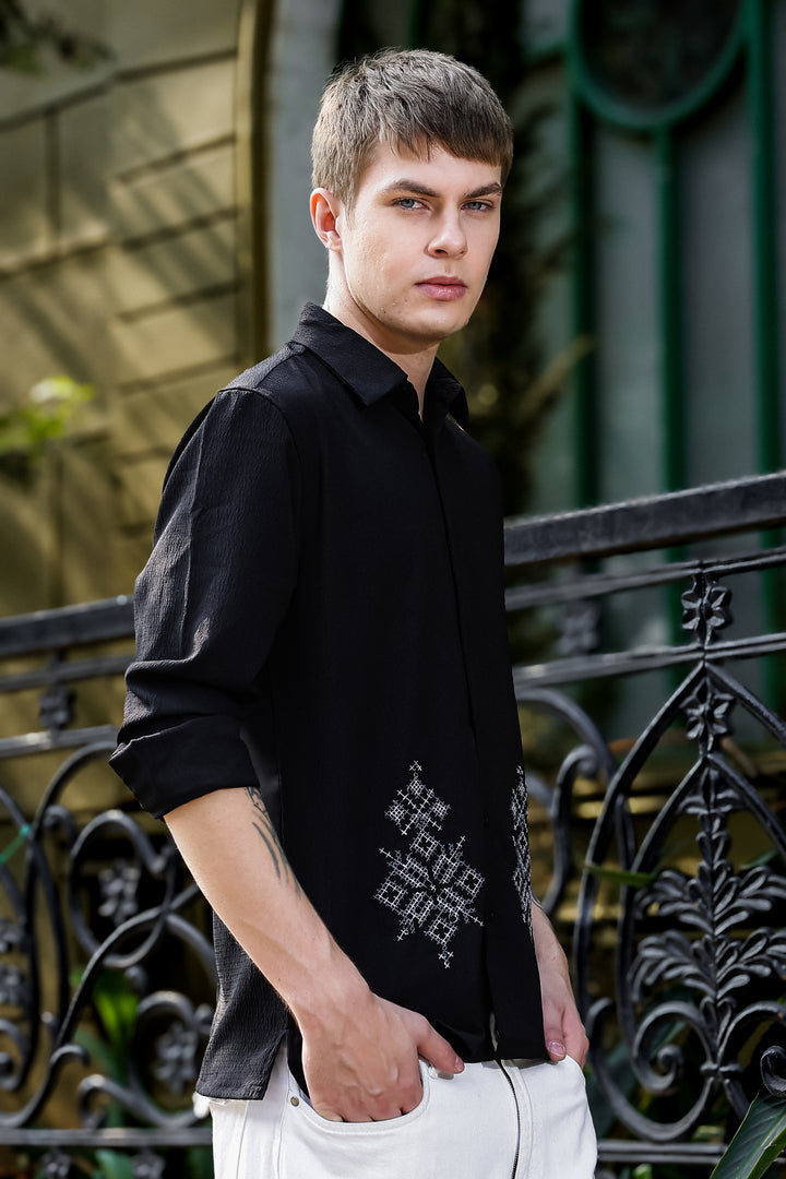 Handicraft Embroidery Black Textured Fabric Shirt