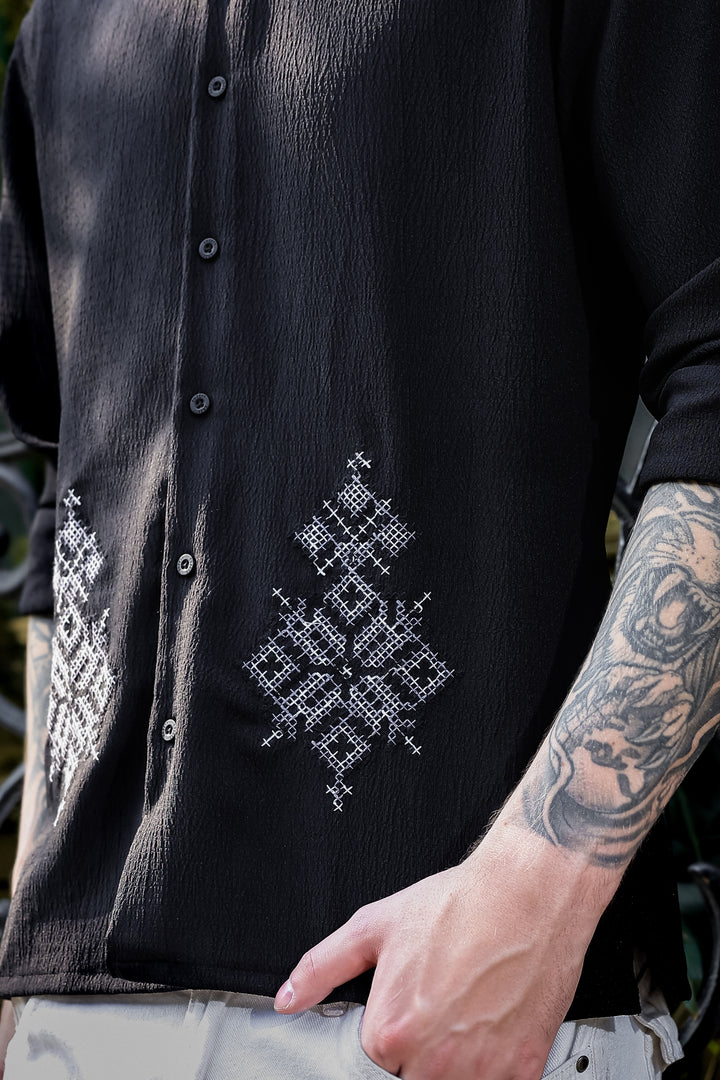 Handicraft Embroidery Black Textured Fabric Shirt