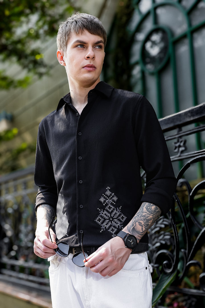 Handicraft Embroidery Black Textured Fabric Shirt