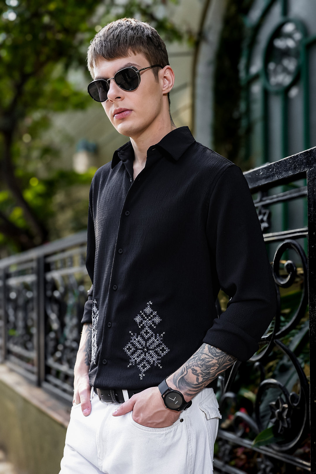 Handicraft Embroidery Black Textured Fabric Shirt