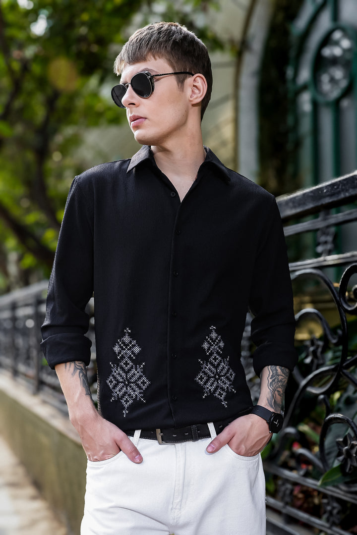 Handicraft Embroidery Black Textured Fabric Shirt