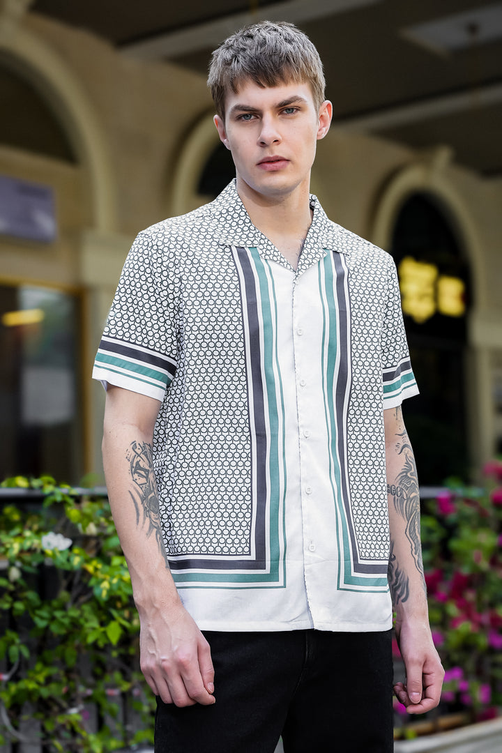 Originals: White Block Print Cotton Cuban Shirt