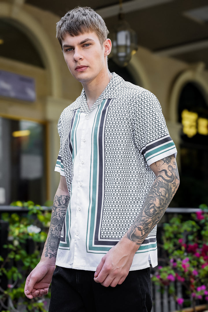Originals: White Block Print Cotton Cuban Shirt