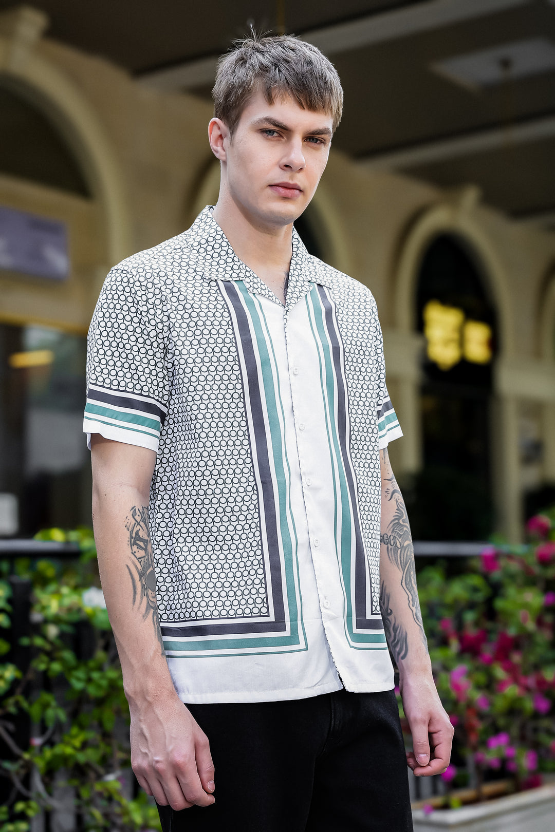Originals: White Block Print Cotton Cuban Shirt