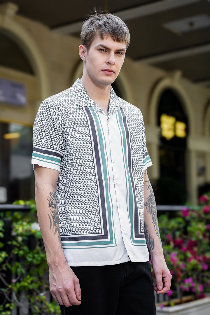 Originals: White Block Print Cotton Cuban Shirt