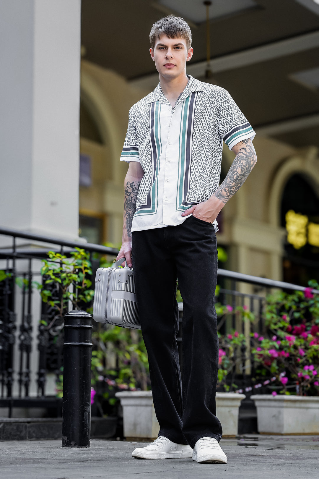 Originals: White Block Print Cotton Cuban Shirt