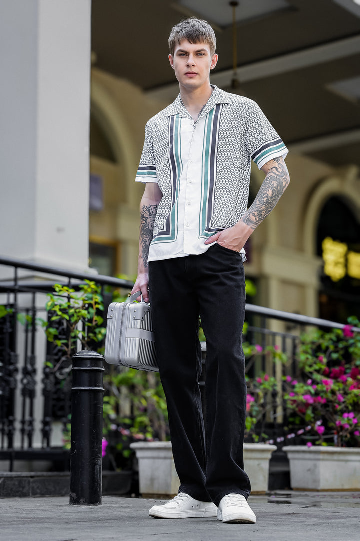 Originals: White Block Print Cotton Cuban Shirt