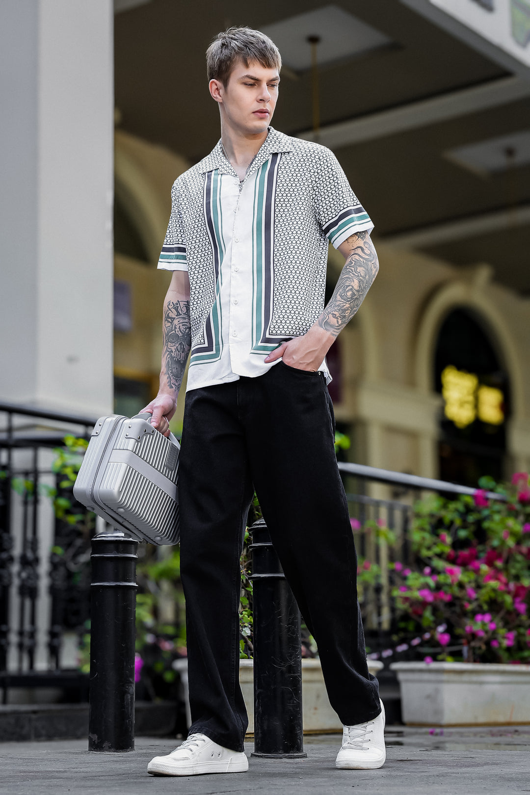 Originals: White Block Print Cotton Cuban Shirt
