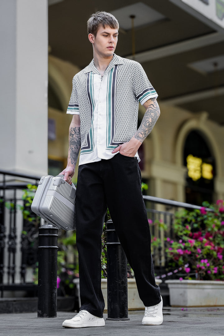 Originals: White Block Print Cotton Cuban Shirt