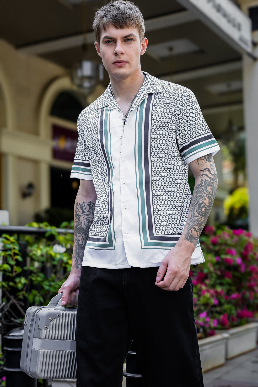Originals: White Block Print Cotton Cuban Shirt