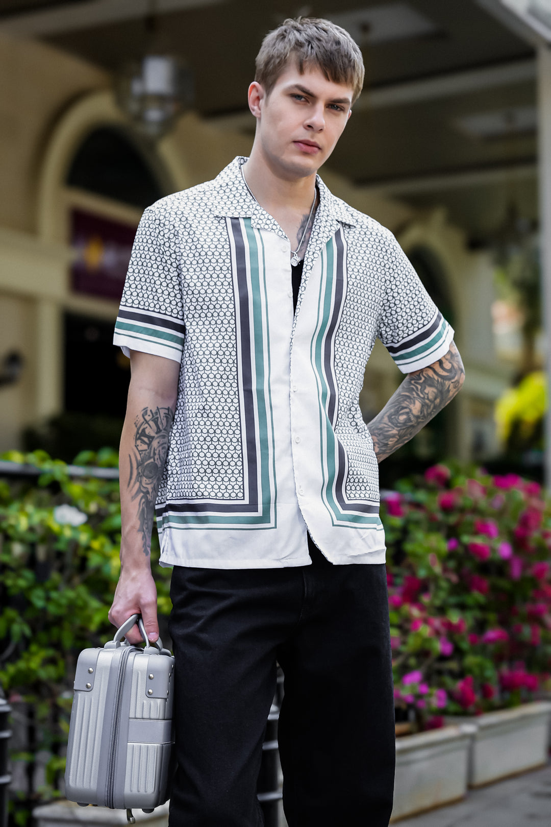 Originals: White Block Print Cotton Cuban Shirt