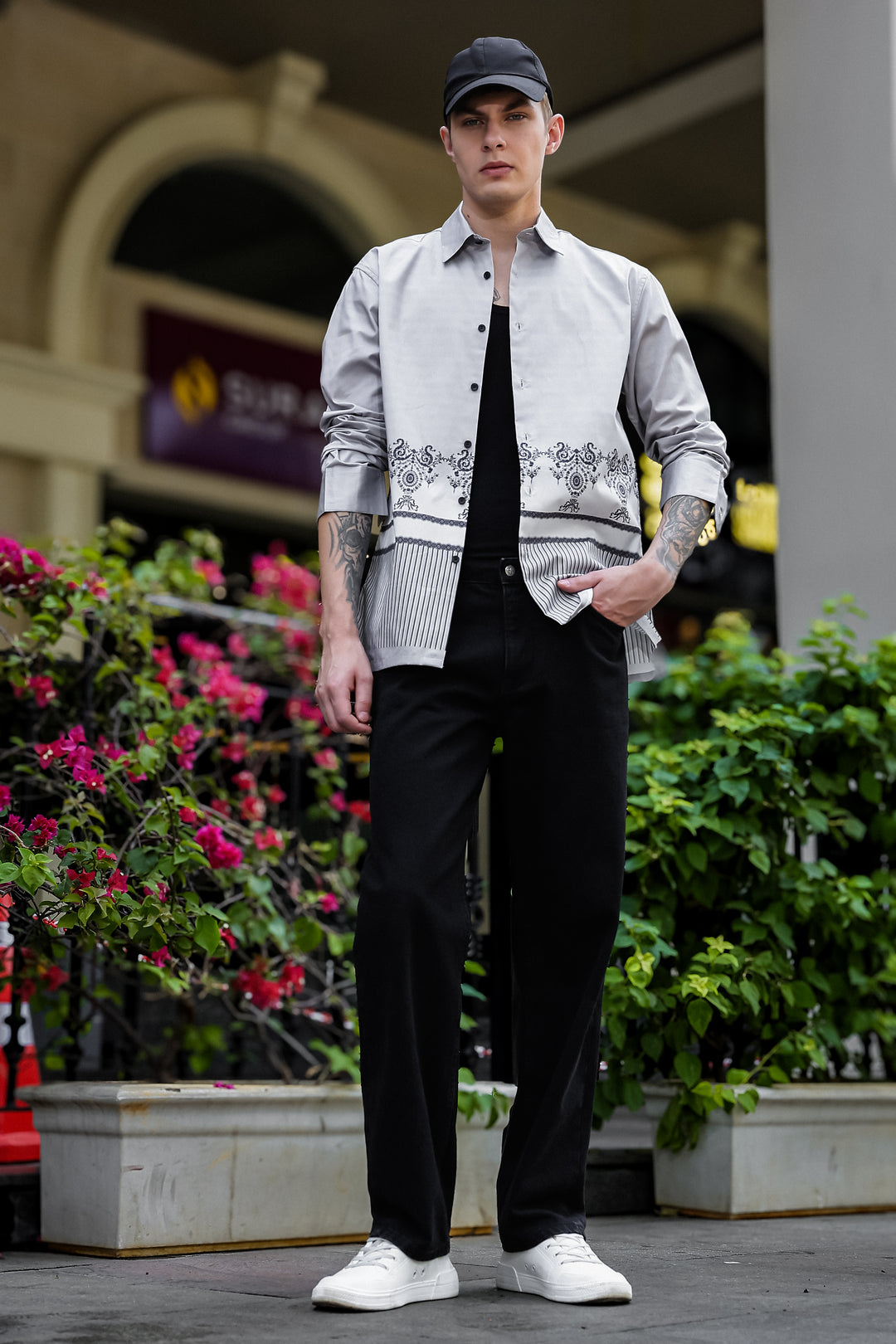Black & White Folk Printed Satin Shirt