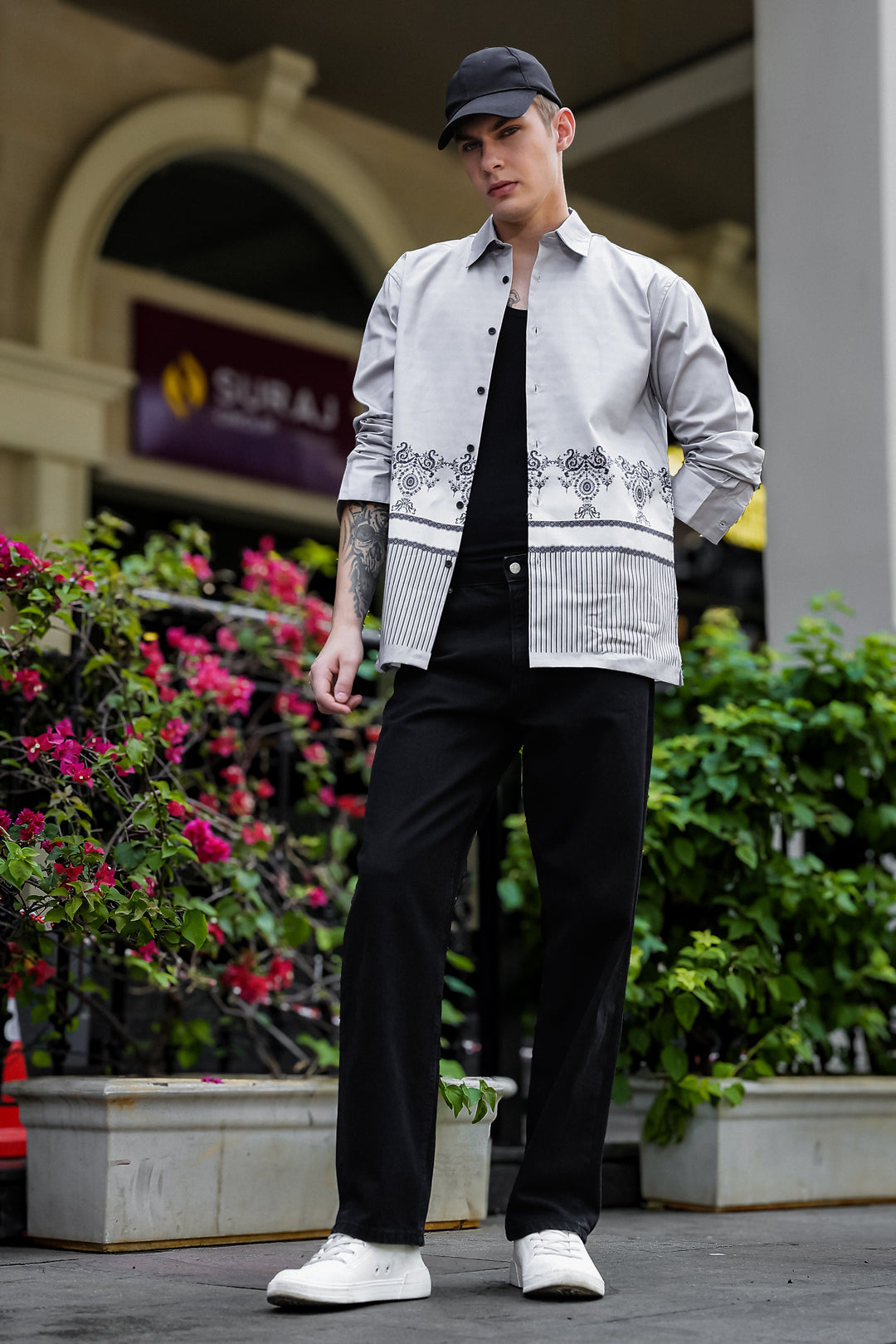 Black & White Folk Printed Satin Shirt