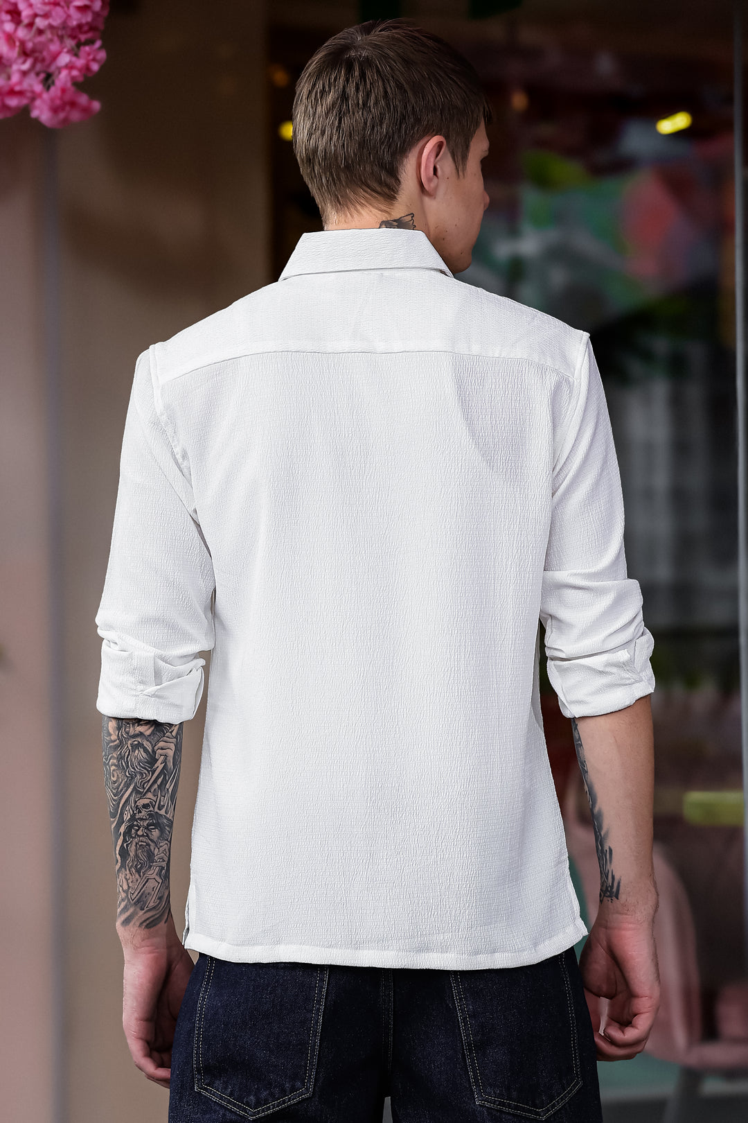 Cross Stitch Bird Embroidery White Textured Fabric Shirt