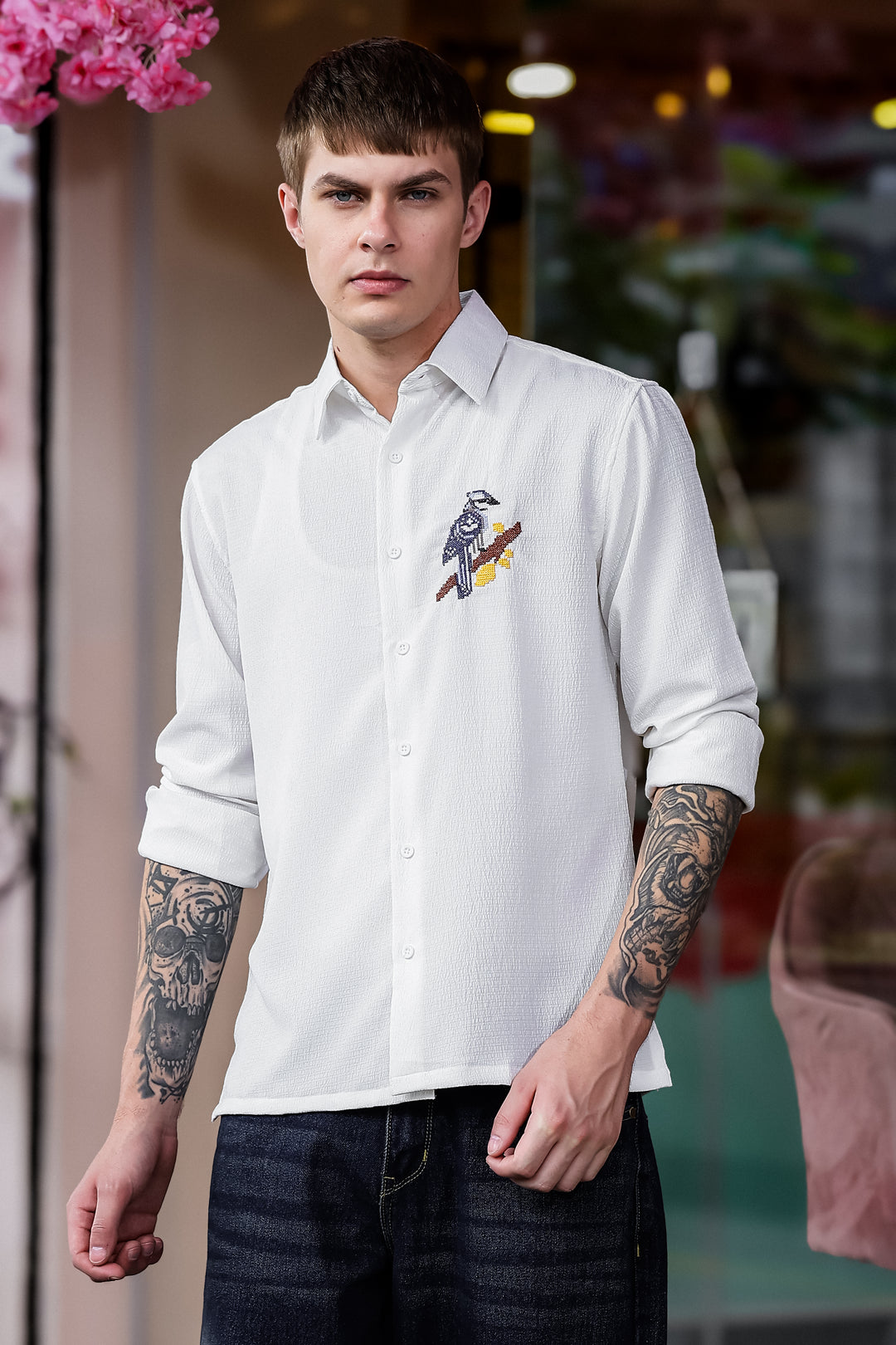 Cross Stitch Bird Embroidery White Textured Fabric Shirt