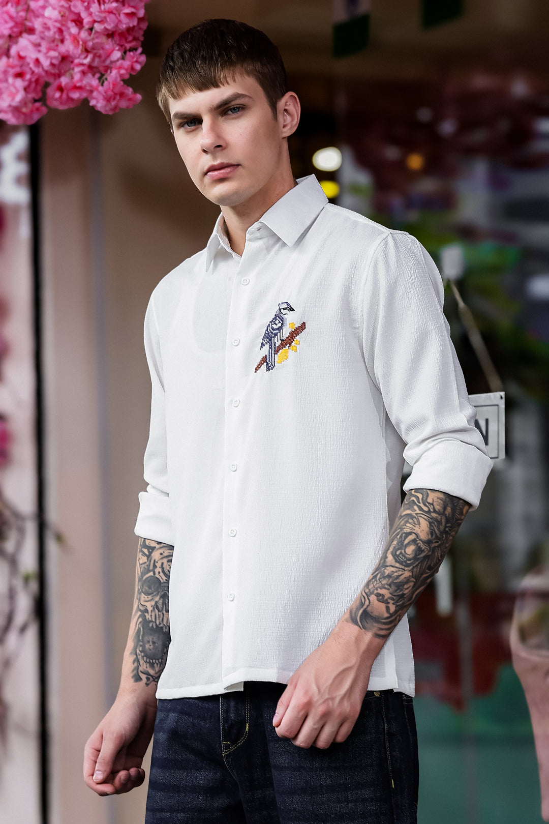 Cross Stitch Bird Embroidery White Textured Fabric Shirt