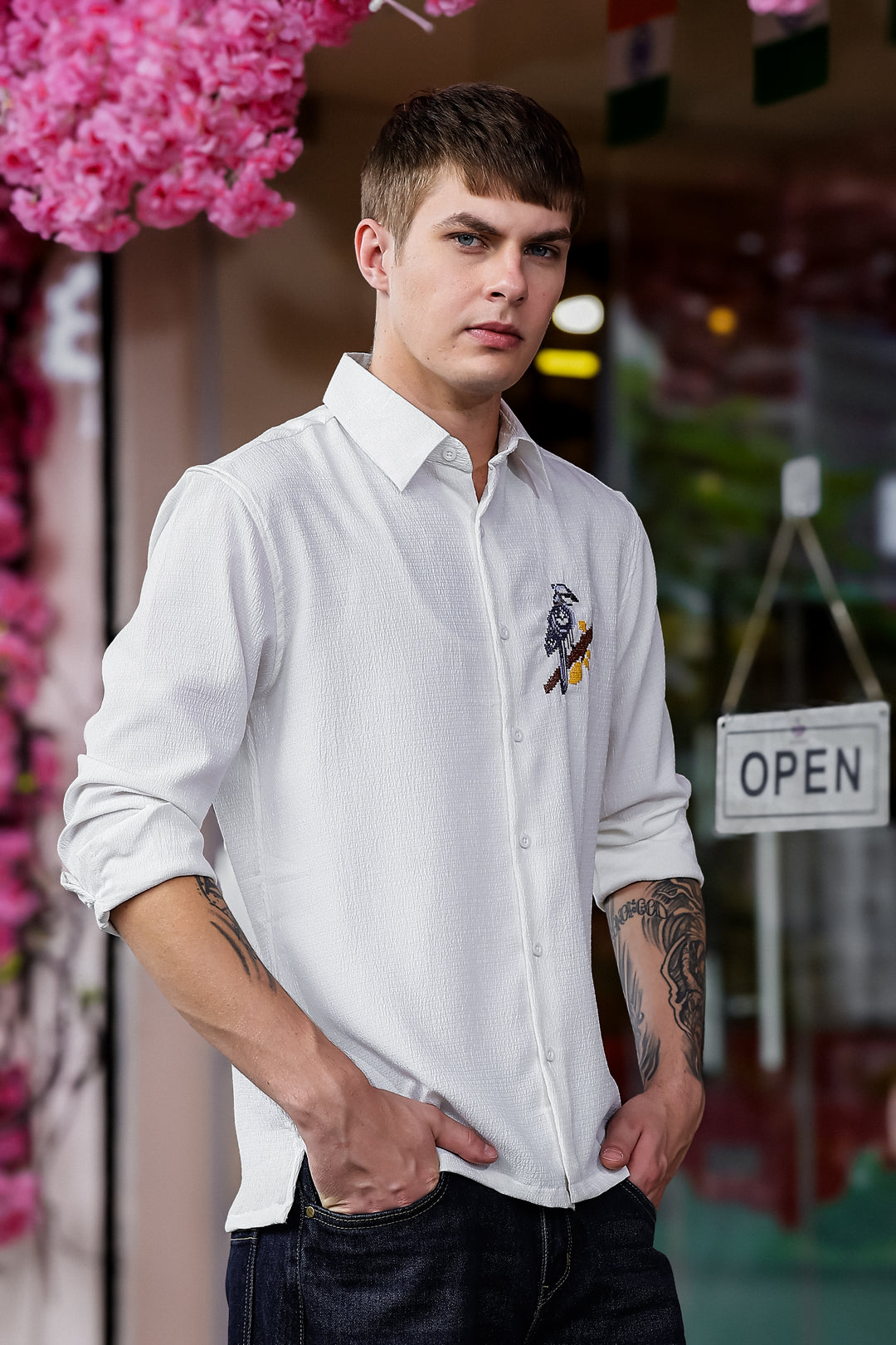 Cross Stitch Bird Embroidery White Textured Fabric Shirt