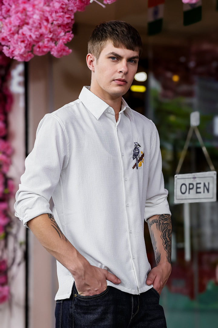 Cross Stitch Bird Embroidery White Textured Fabric Shirt