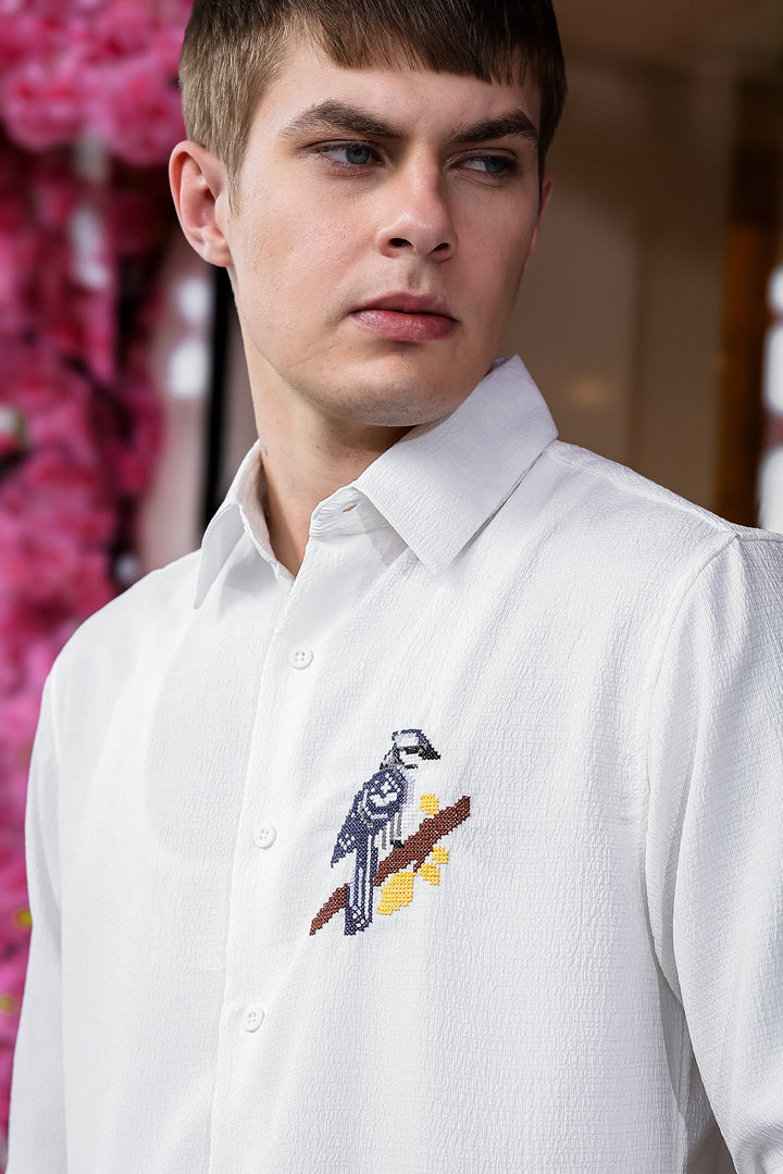 Cross Stitch Bird Embroidery White Textured Fabric Shirt