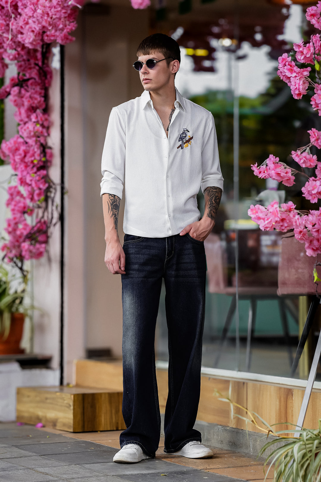Cross Stitch Bird Embroidery White Textured Fabric Shirt