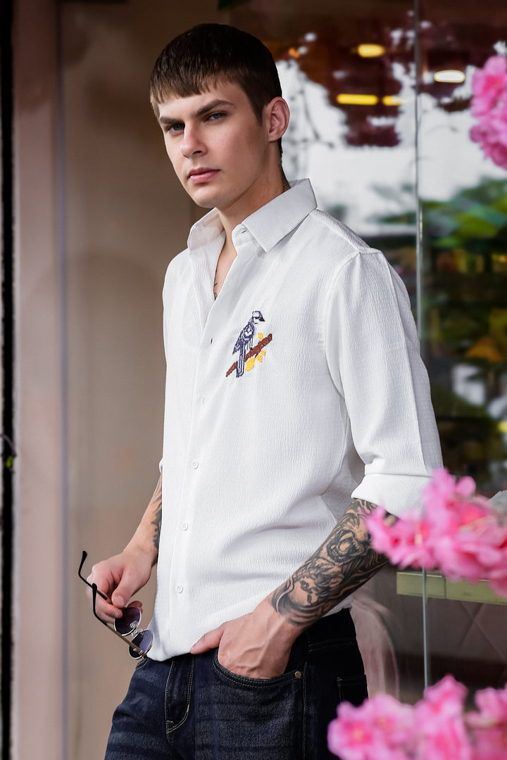 Cross Stitch Bird Embroidery White Textured Fabric Shirt
