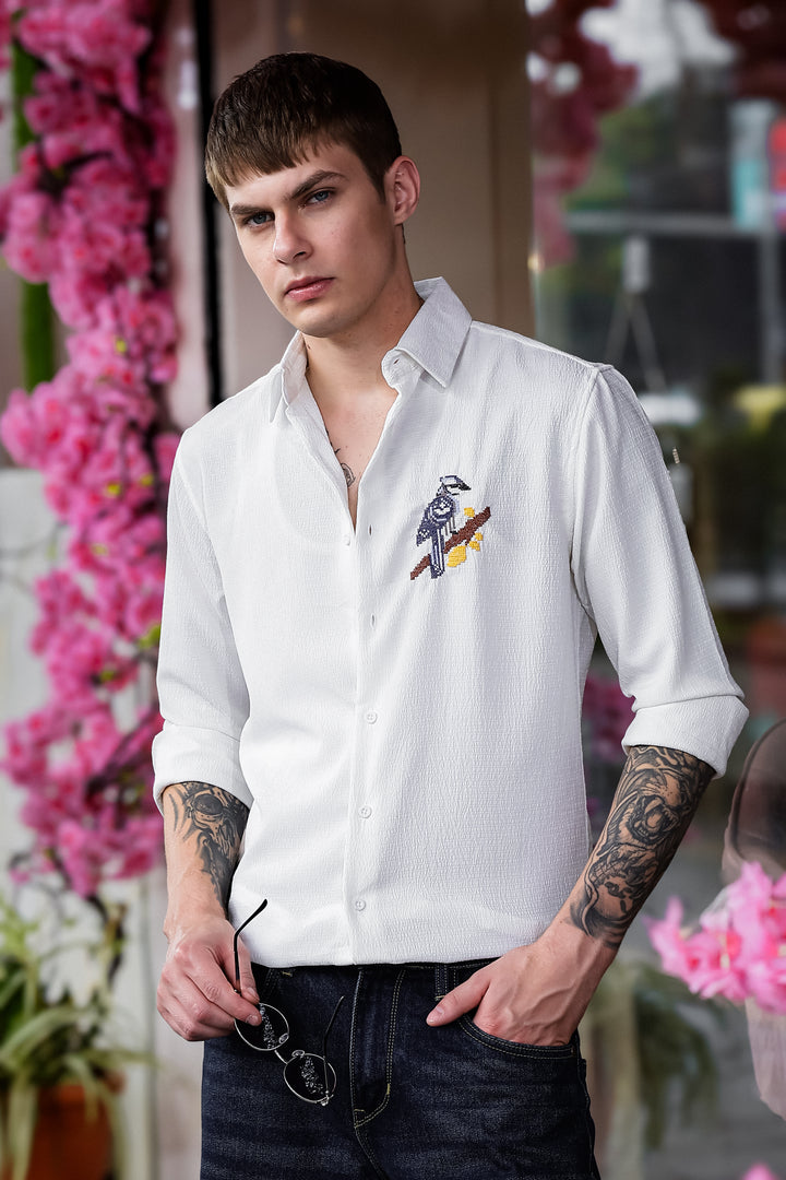 Cross Stitch Bird Embroidery White Textured Fabric Shirt