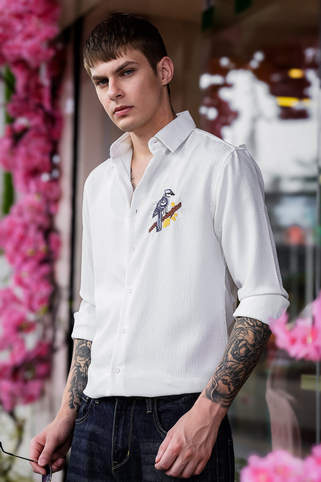 Cross Stitch Bird Embroidery White Textured Fabric Shirt