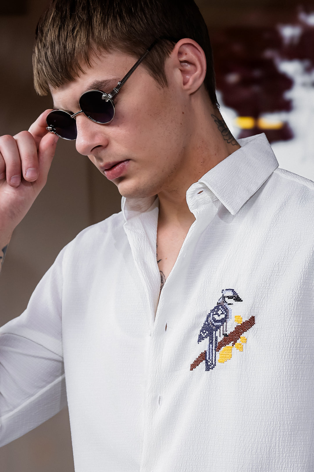 Cross Stitch Bird Embroidery White Textured Fabric Shirt