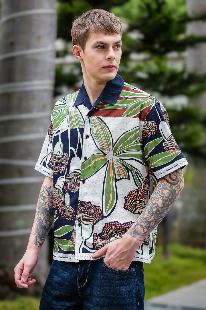 Mossy Printed Cotton Slub Oversized Shirt