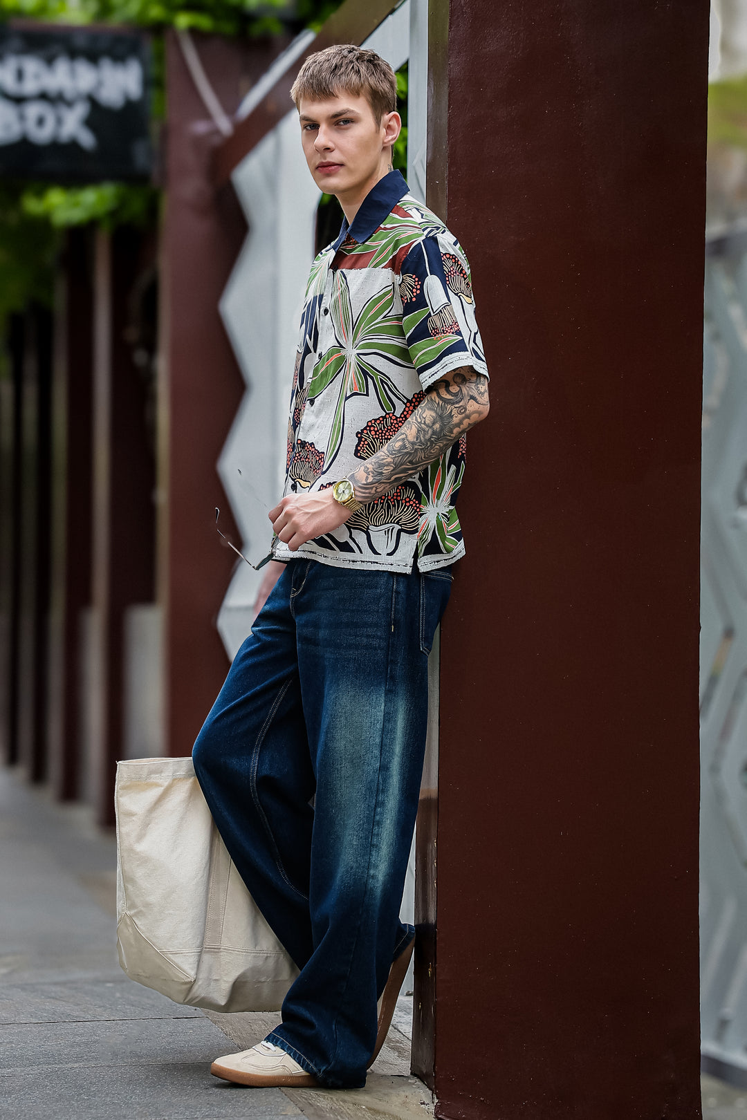 Mossy Printed Cotton Slub Oversized Shirt
