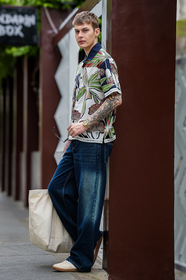 Mossy Printed Cotton Slub Oversized Shirt