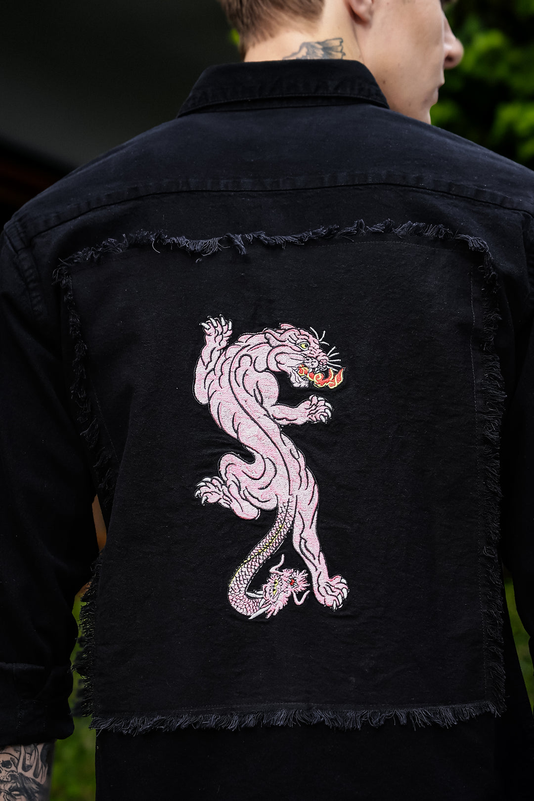 Denims : Pink Panther Patch Embroidery Black Shirt